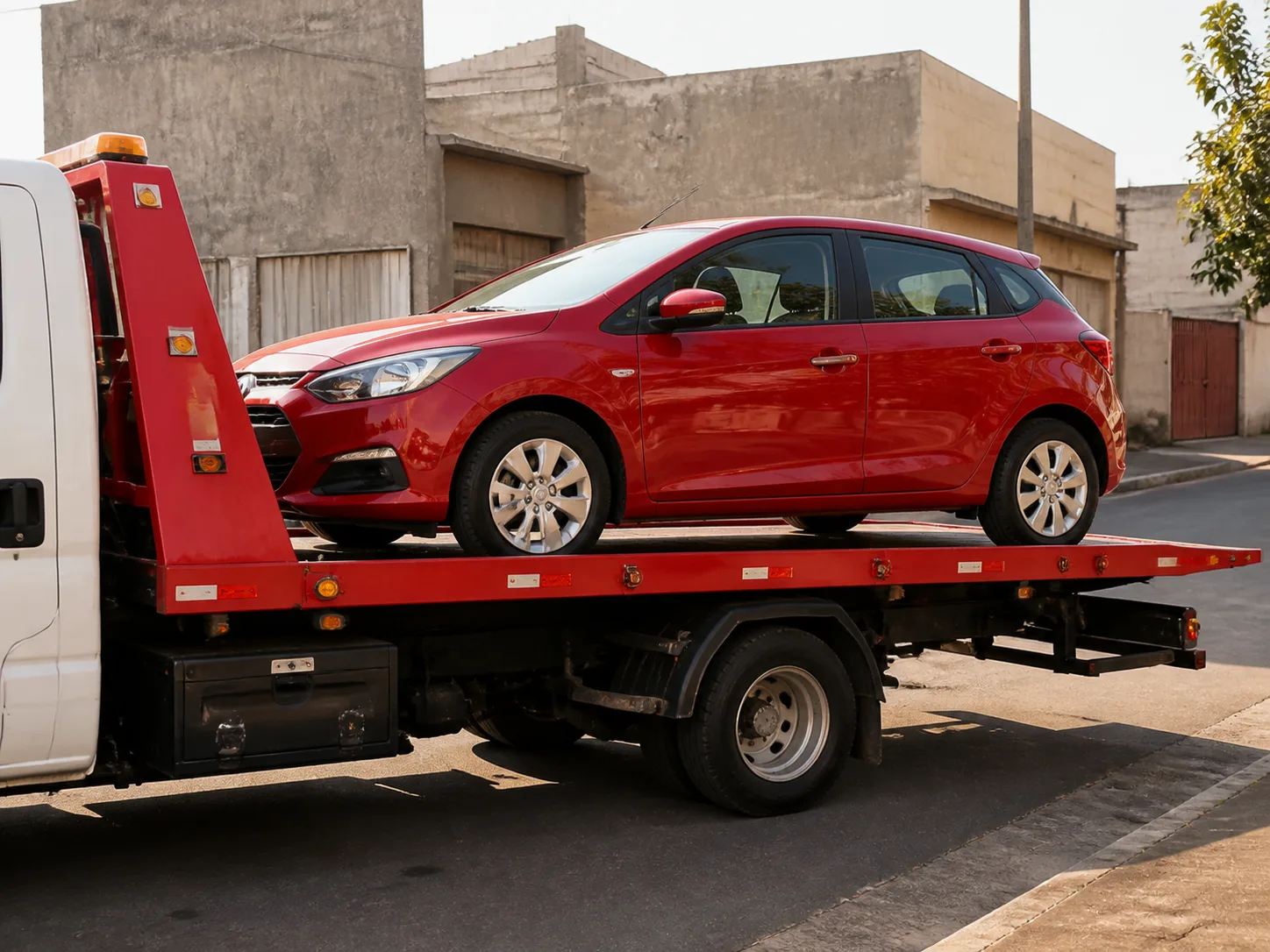Autom&oacute;vel vermelho sendo transportado por caminh&atilde;o-plataforma