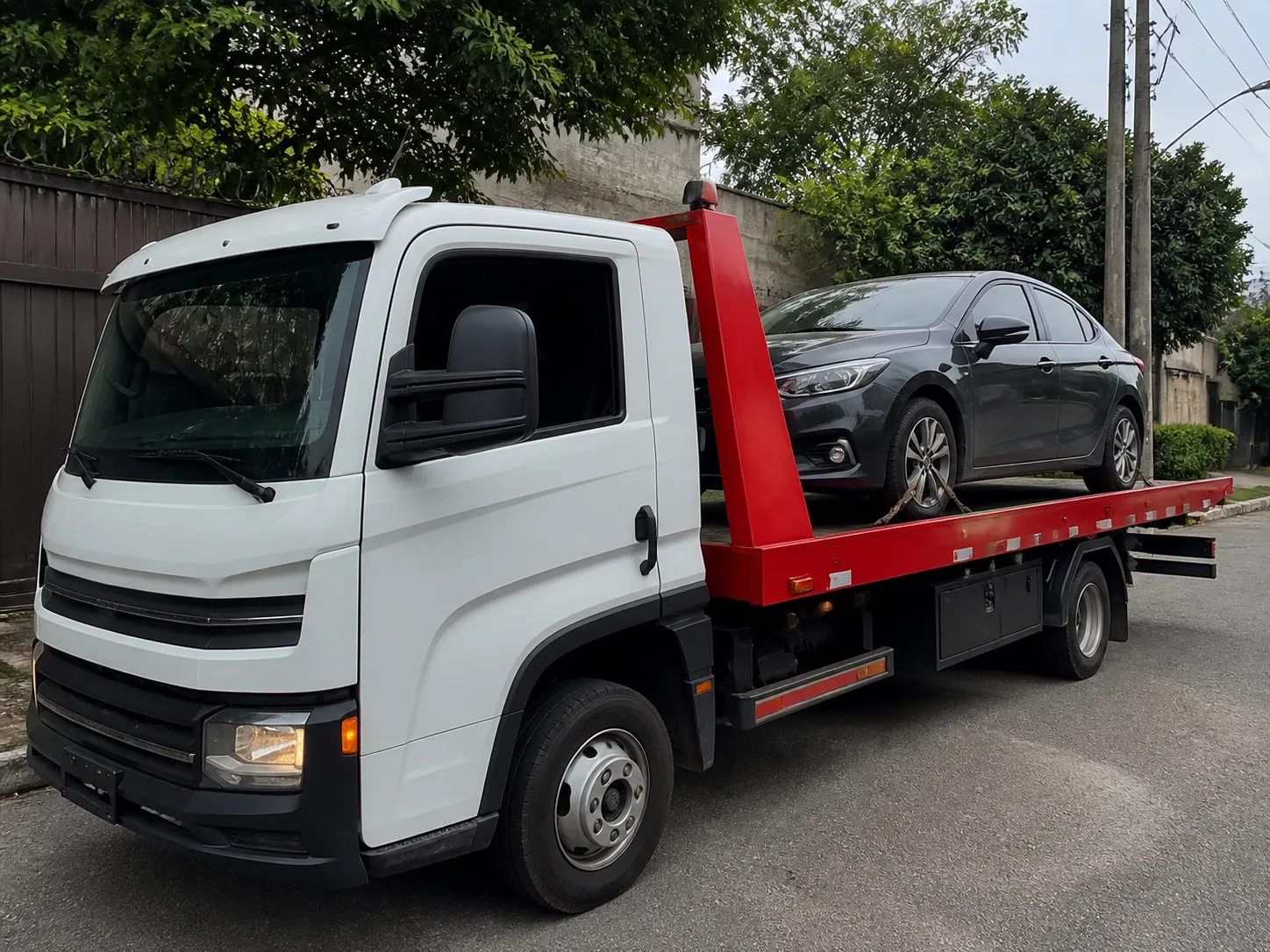 Caminh&atilde;o guincho utilit&aacute;rio transportando ve&iacute;culo escuro